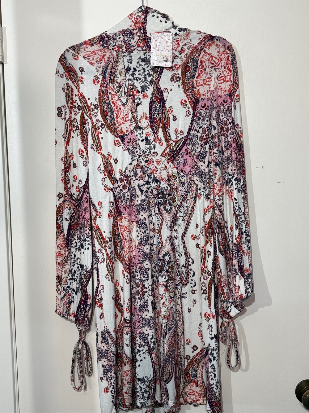 Free People Paisley Print V-Neck Long Sleeve Dress - White with Pink & Red